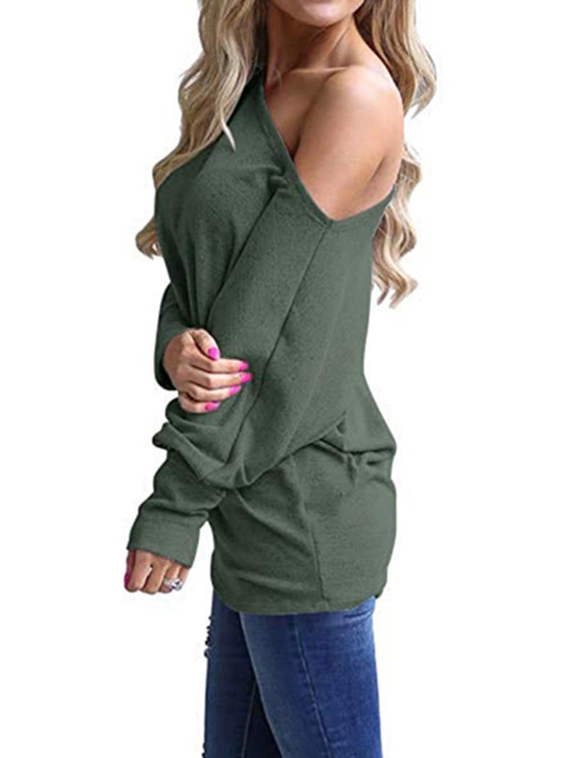 Poetsky Womens Tops and Blouses Off Shoulder Shirts Casual Loose Long Sleeve Tops, Green, L - Image 2
